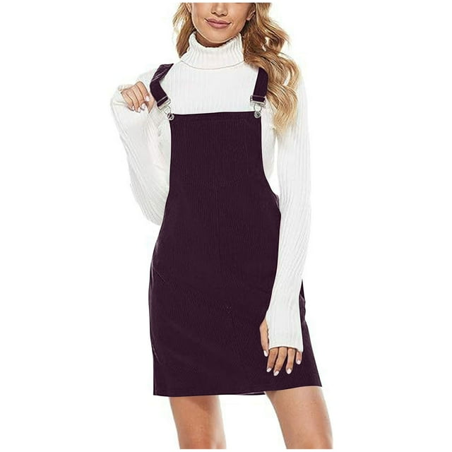 KIHOUT Women's Pinafore Skirt Overalls Summer Adjustable Straps Ladies Ribbed Short Dress with Pockets