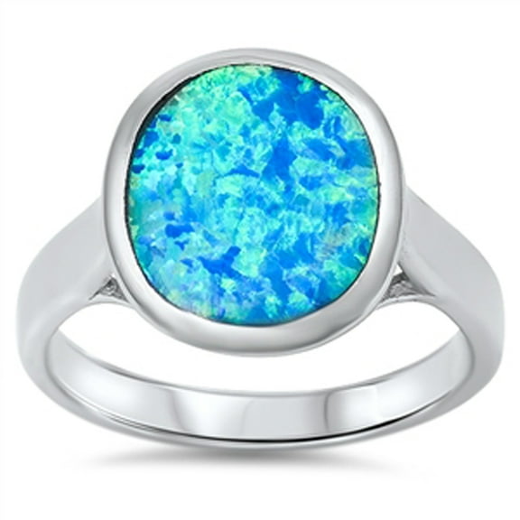 Blue Simulated Opal Round Bold Statement Promise Ring .925 Sterling Silver Band CZ Female Size 7