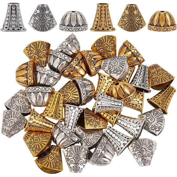 1 Box 48Pcs Cone Bead Caps Silver Bead End Caps Bulk Alloy Textured Tibetan Style Flower Stoppers Small Bead Caps for Jewelry Making Necklaces Bracelets Earrings