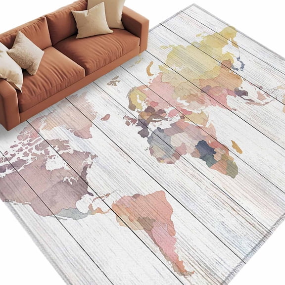 6x9 Area Rugs for Living Room, World Map Non Slip Area Rugs for Kitchen Bedroom Entryway, Farmhouse Abstract Illustration Wooden Grain Washable Carpet Runner Rug Floor Mats for Bedroom Home Decor