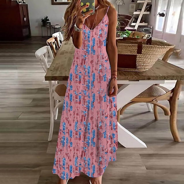 FcBaudy Camisole Sans Manches Robe Col en V, Robes d'Été pour Femmes, Robes d'Été pour Femmes Imprimé Sans Manches Robe Col Rond Décontractée Robes Femmes