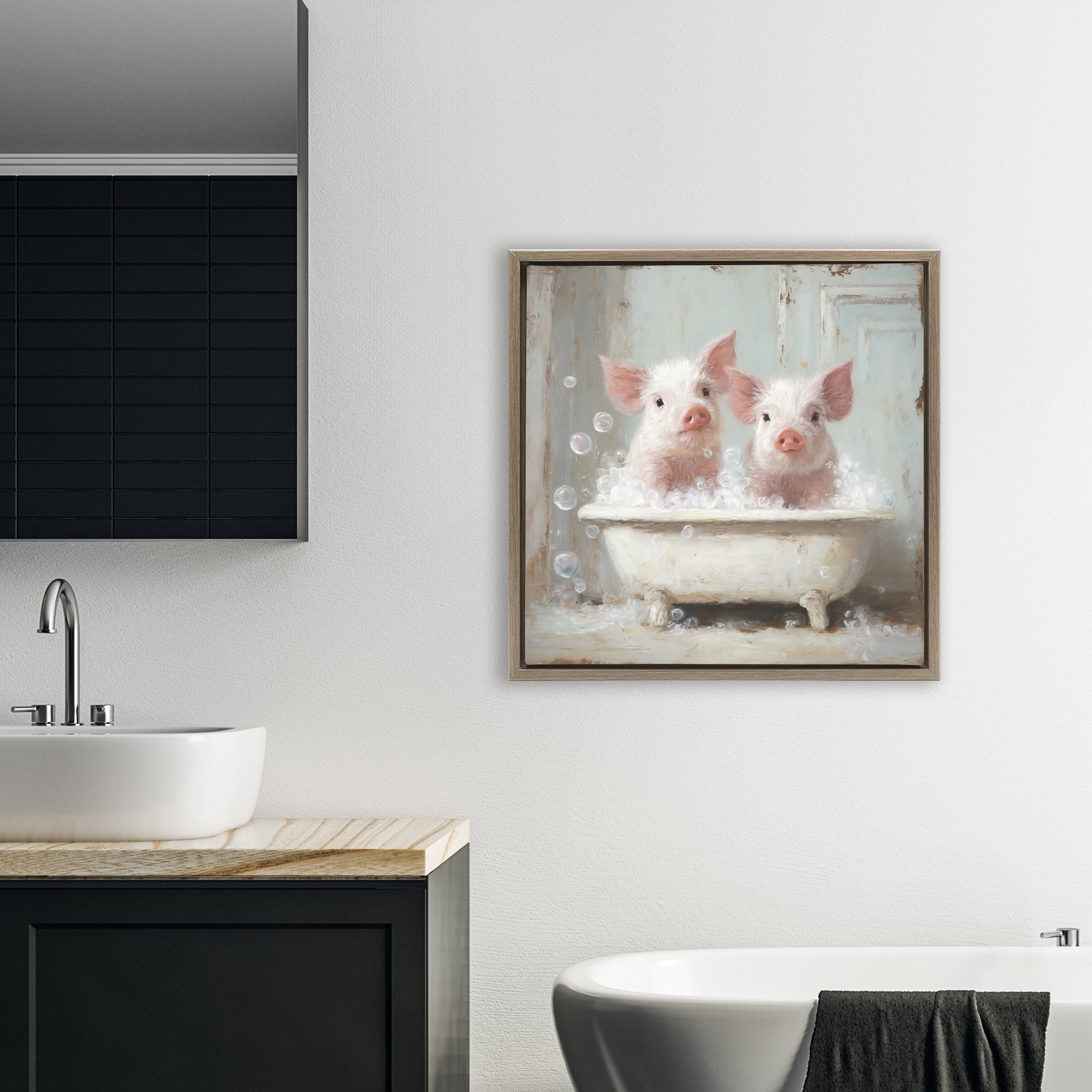 Stupell Industries Piglet Bubble Bath Brown Framed Floater Canvas Wall Art, design by Tina LeCour