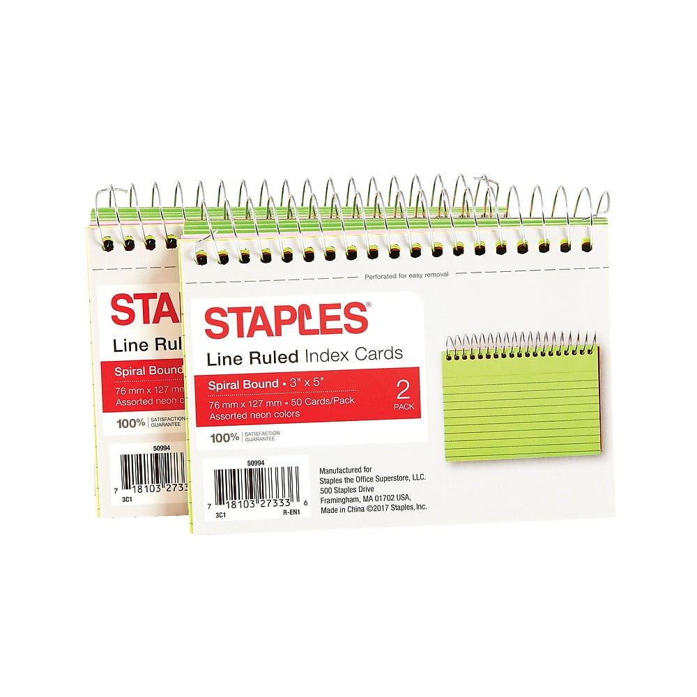 Staples 3" x 5" Line Ruled Assorted Neon SpiralBound Index Cards 2/PK