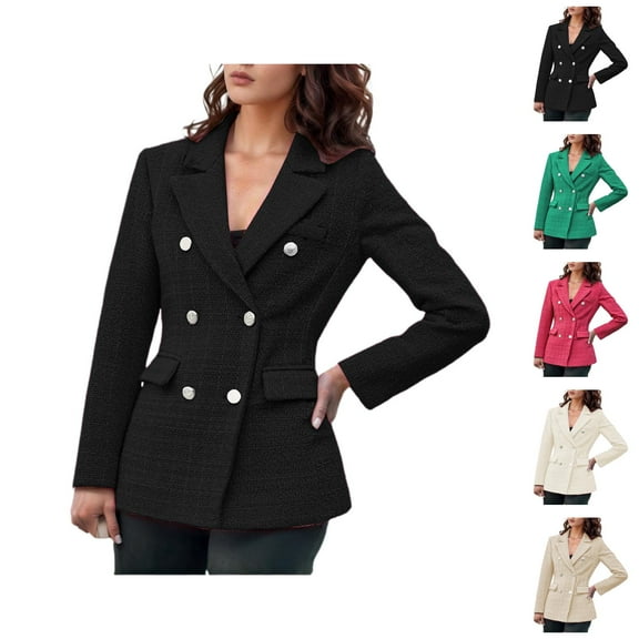 Casual Tweed Blazers for Women 2025 Long Sleeve Notch Lapel Collar Double Business Casual Work Office Jacket