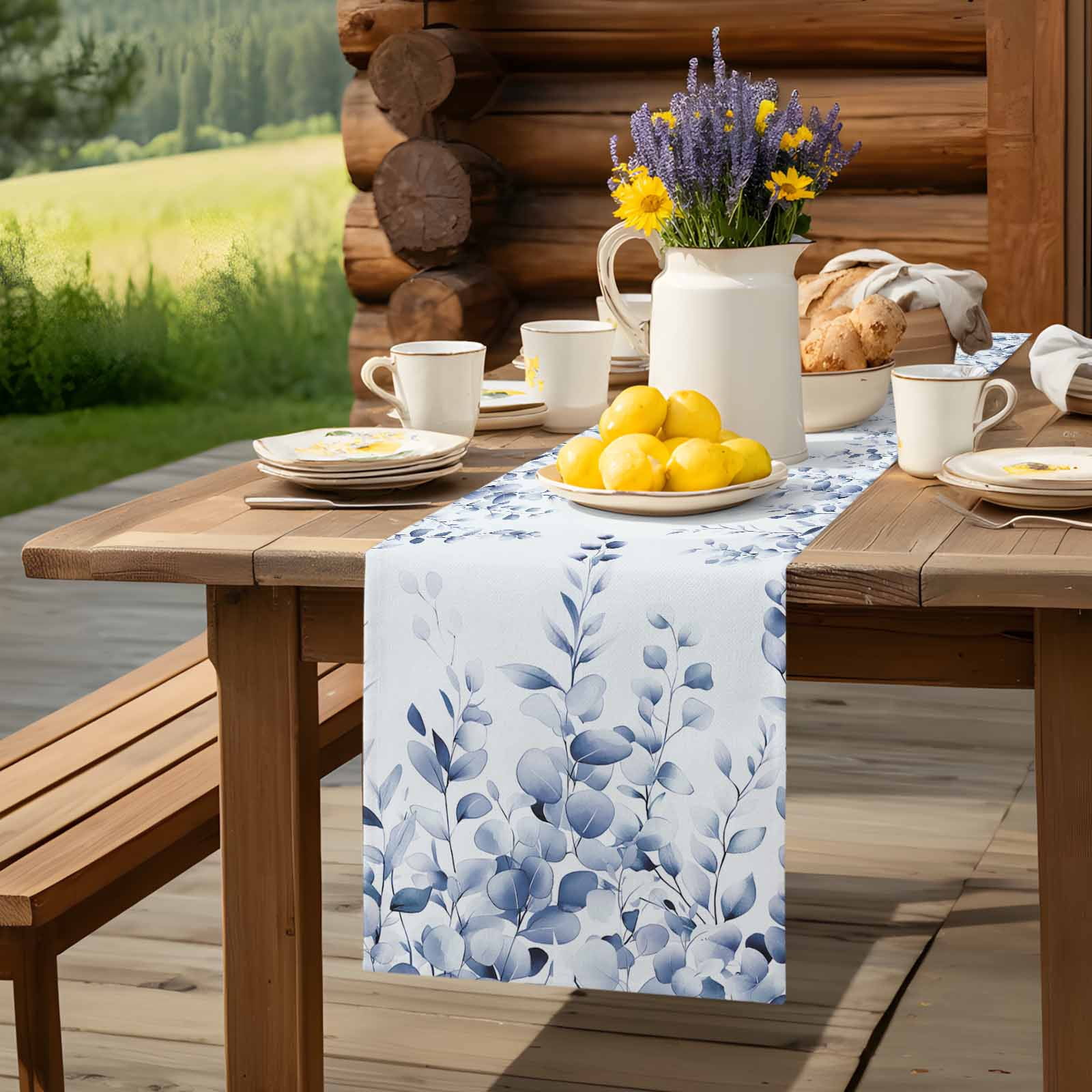 Gradient Farm Eucalyptus Leaves Table Runner 90 Inches Long, Retro Country Botanical Table Runners Tabletop Scarf Kitchen Dining Tables Decoration for Home Party Indoor Outdoor