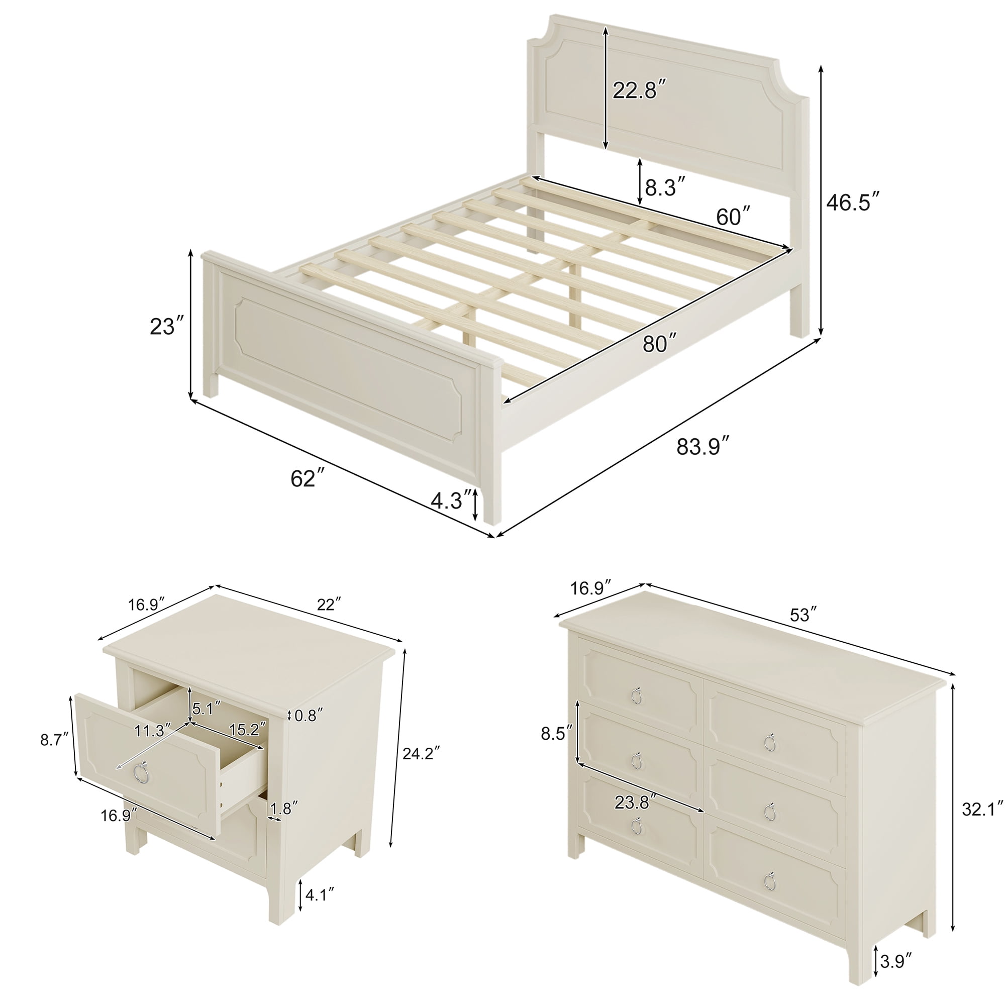 Resenkos 3 Pieces Solid Wood Bedroom Furniture Set Queen Size Platform Bed, Nightstand and Dresser Milky White Resenkos 3 Pieces Solid Wood Bedroom Furniture Set Queen Size Platform Bed, Nightstand and Dresser Milky White
