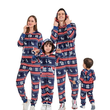 

SYNPOS Family Matching Fleece Dad Mom Kids Baby Christmas Print Hooded Onesie Pajamas