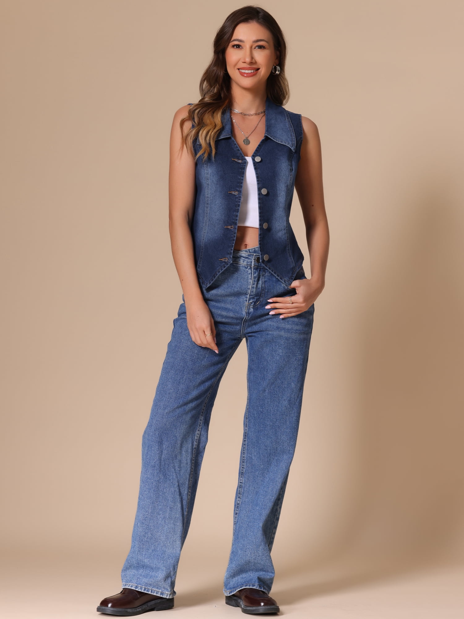 DARING DIVA Women's Denim Vest stays Sleeveless Jean Jacket Tops Button Down Waistcoat M Deep Blue