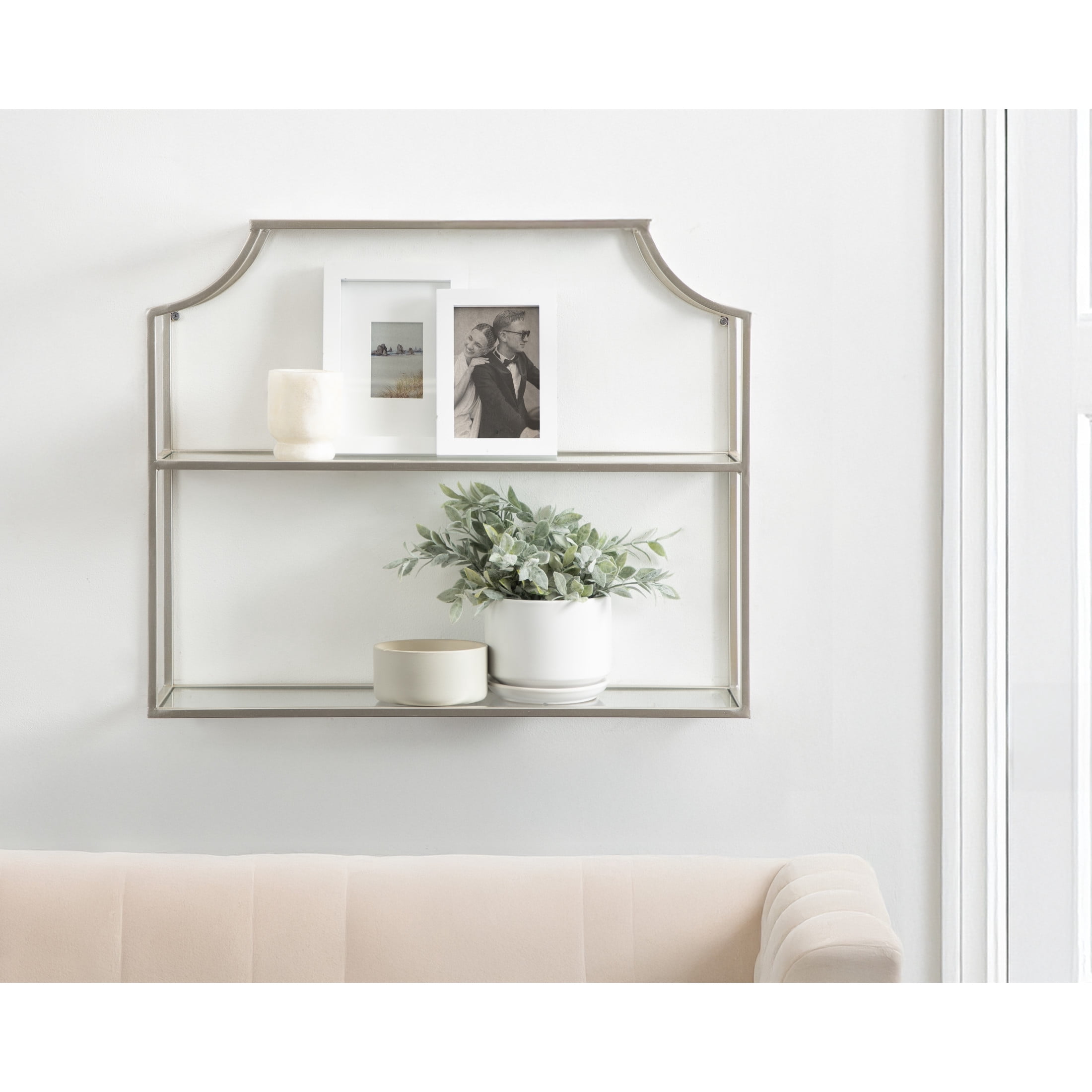 Kate and Laurel Ciel Modern Glam Wide Two-Tier Wall Shelf, 24 x 20, Silver, Tiered Bathroom Shelves for Over the Toilet Storage or Bedroom Makeup Organizer