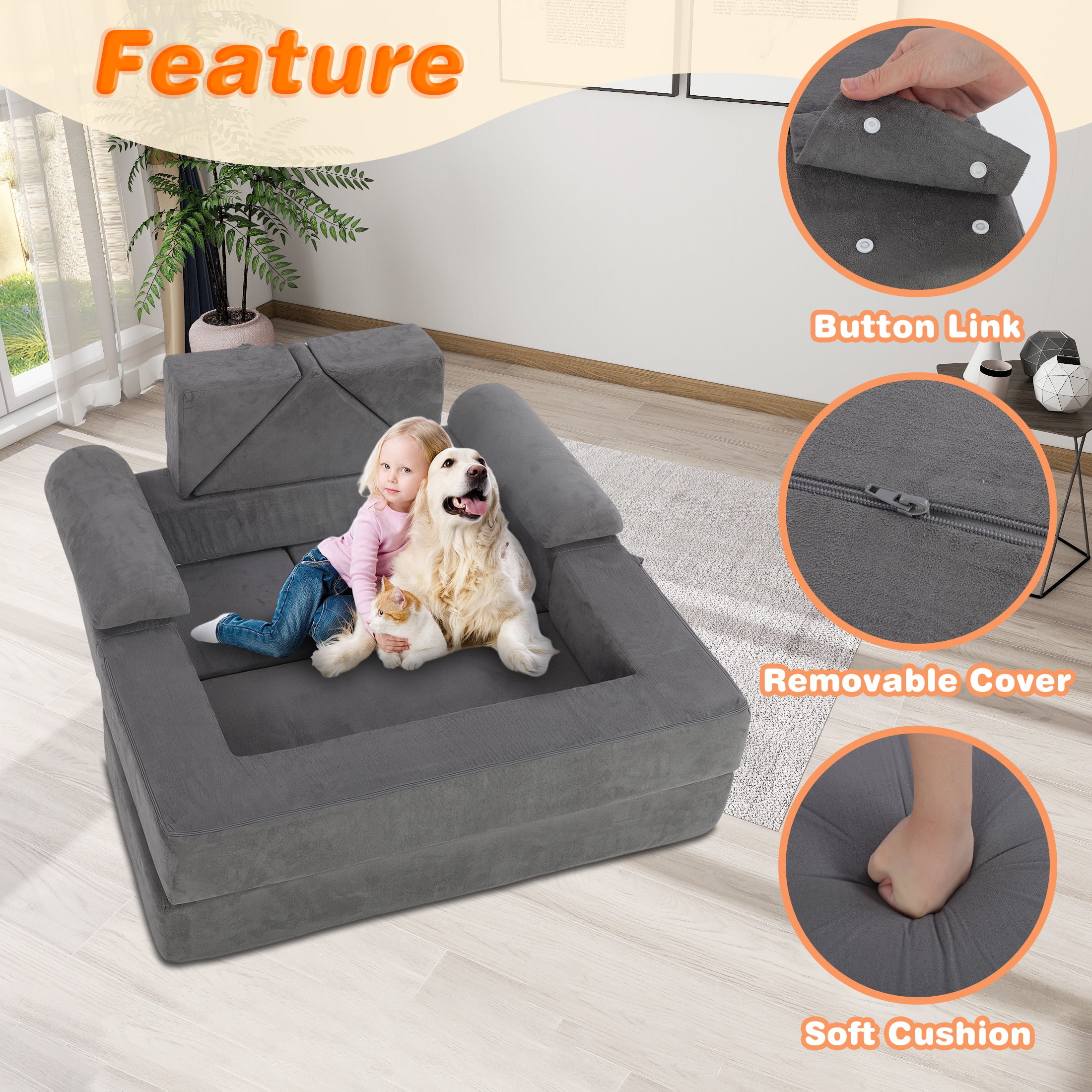 HSUNNS Modular Kids Couch Play Set, 12 PCS Indoor Sponge Sofa for Playroom and Living Room, Gray