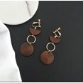 thumbnail image 4 of Clip on 2 3/4" gold dangle brown wooden circle earrings, 4 of 4