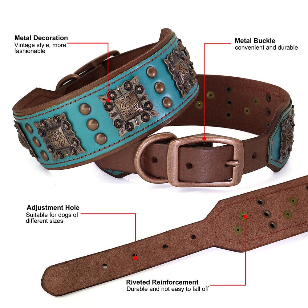 Pet Artist 2 Inch Wide Dog Collars Retro Studded Real Leather Large Pet Collars Heavy Duty Rottweiler L XL XXL