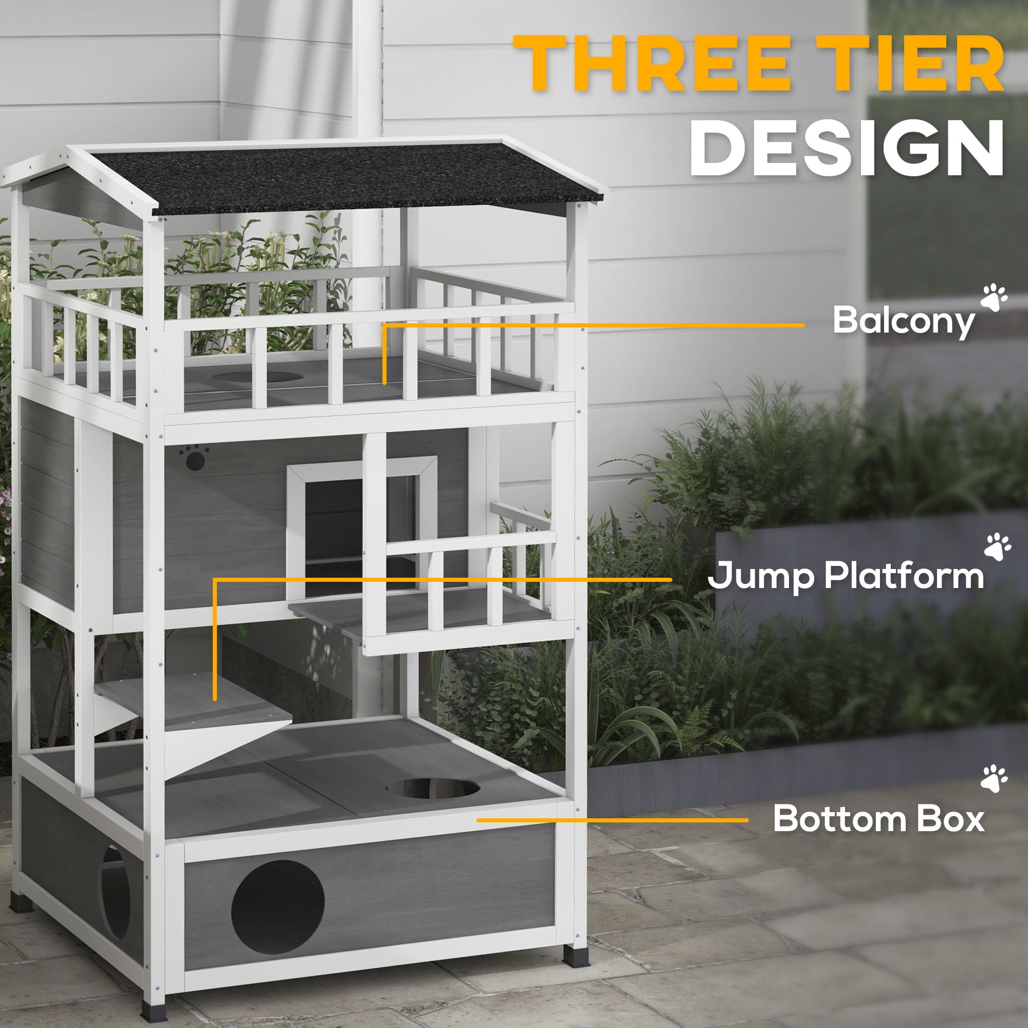 PawHut Wooden Outdoor Cat House, Feral Cat Shelter Kitten Tree with Asphalt Roof, Escape Doors, Condo, Jumping Platform, Light Gray