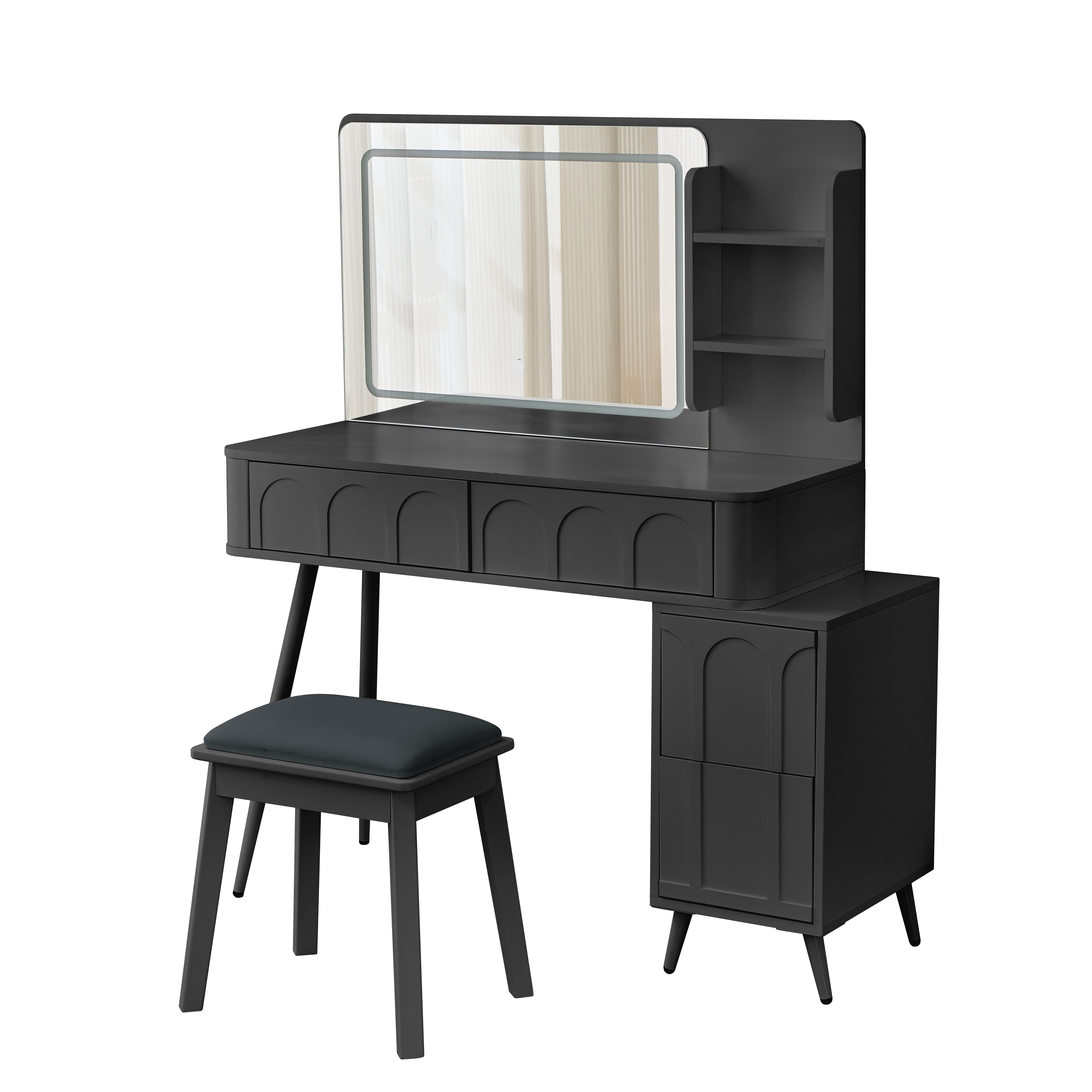 Euroco Modern Makeup Vanity with LED Lighted Mirror & Adjustable Side Cabinet – Fluted Panel Design, Magnetic Drawers, Cushioned Stool