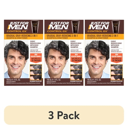 (3 pack) Just for Men Control GX Grey Reducing 2-in-1 Shampoo and Conditioner, Gradual Hair Color with Keratin for Stronger Thicker and Healthier Looking Hair, 4 Fl Oz - Pack of 1 (Packaging May Vary)