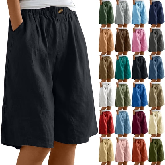 Womens Shorts Plus Size Summer Womens Shorts Casual Elastic Waist Buttons Shorts for Women Linen Pockets Womens Workout Shorts Womens Shorts Under $15