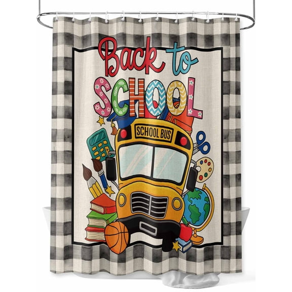 Fsddascl School Season Shower Curtain Set - Long 72" x 84" Washable Bathtub Curtain with 12 Hooks, Bus Basketball Black Buffalo Check Waterproof Fabric Stall Shower Curtains for Bathroom/Bathtub