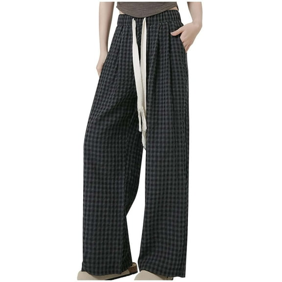 COSFO Casual Women Pants Plaid Elastic Waist Gray Palazzo Wide Leg Pants Loose Drawstring Adjustable Width Pants