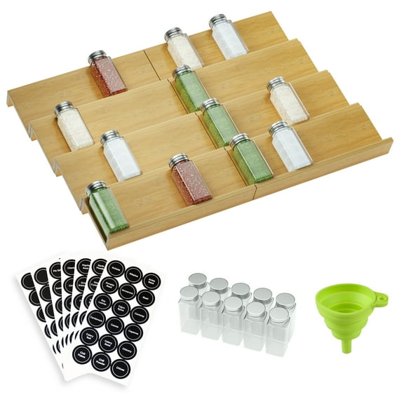Bamboo Drawer Spice Rack Organizer - 8-Piece Set with 10 Storage Cans, 126 Labels & Funnel - Fits Standard Kitchen Drawers (26"x18.9") - Expandable Modular Design for Spices, Tea, Seasonings