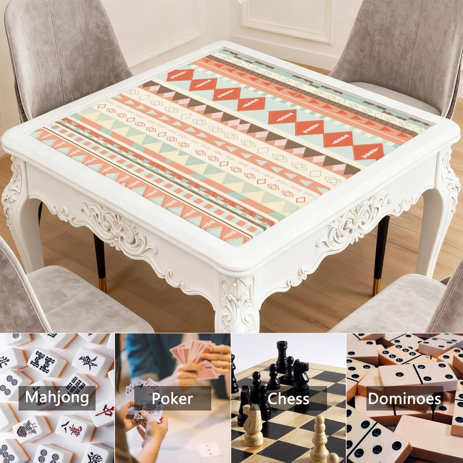 Boho Pattern Large Rubber Game Table Topper 31.5 Inch Square Mahjong Mat with Non-Skid Bottom for Stability and Noise Reduction for Tiles and Cards
