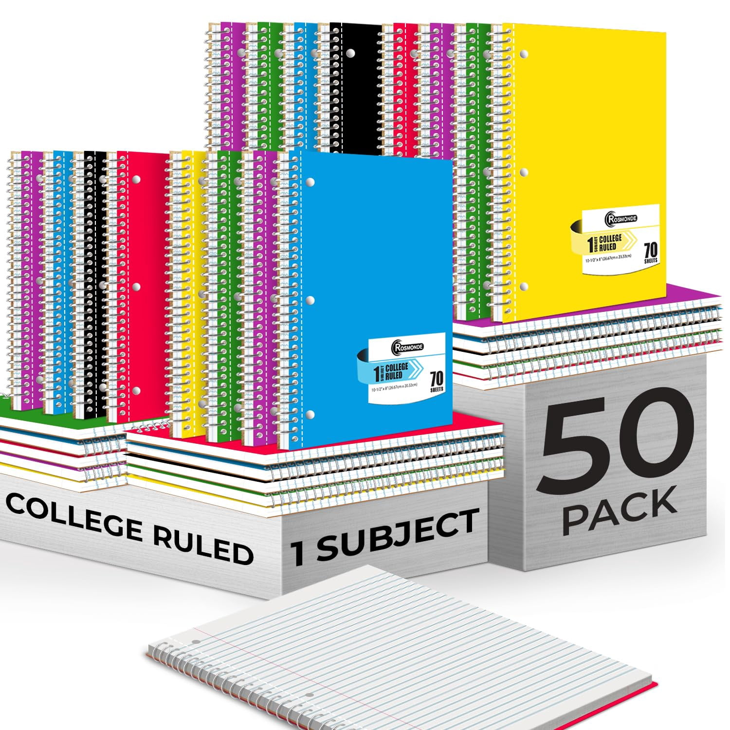 Bulk 50 Pack 1 Subject Notebooks College Ruled, 140 Pages 70 Sheets No Bleed Paper, 8 x 10.5 Inch 3 Hole Punch, Spiral Notebooks for Office Home, Multicolor