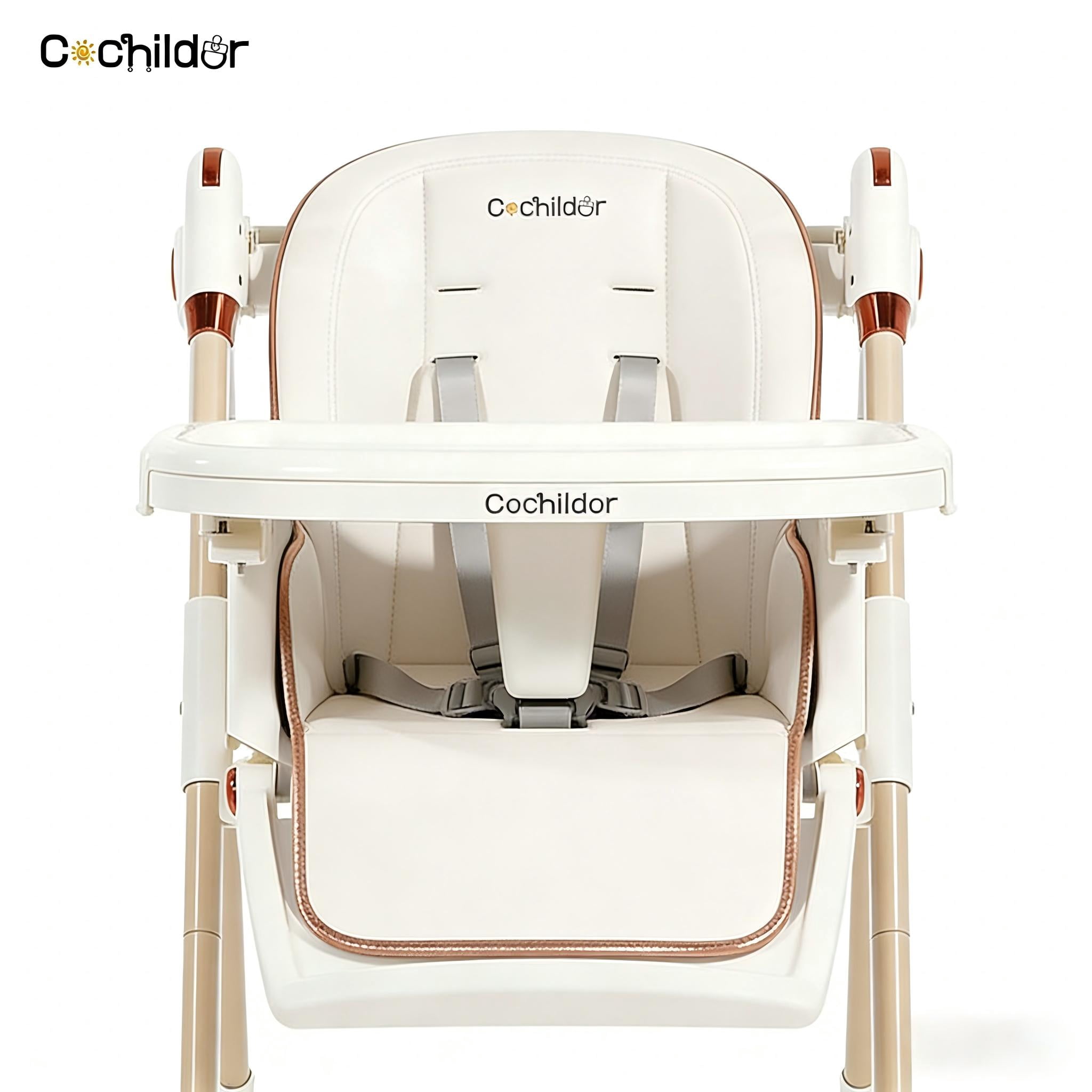 Clearance Cochildor Foldaway 3-in-1 High Chair for Babies & Toddlers, with 5 Point Harness, Tray, Foot Rest and Wheels, White