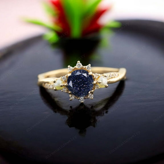 SHREENATHJEWELRY 6MM / 2Ct Night Galaxy Sandstone Engagement Ring- Pearl Proposal Ring CZ Diamond Alternative Fine Jewelry Blue Gemstone Gift For Her