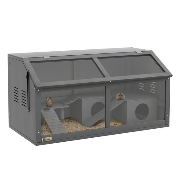PawHut Wooden Hamster Cage, Hamster Habitat, Small Animal Cage Playhouse for Gerbils Mice with Suspension Bridge, Ladders, Openable Top, Hut, 33.5" x 18" x 17"