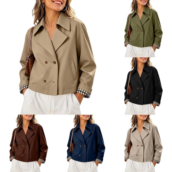 Tqcoqu Cropped Trench Coat for Women,Long Sleeve Double Breasted Lapel Casual Loose Fit Jackets with Pockets
