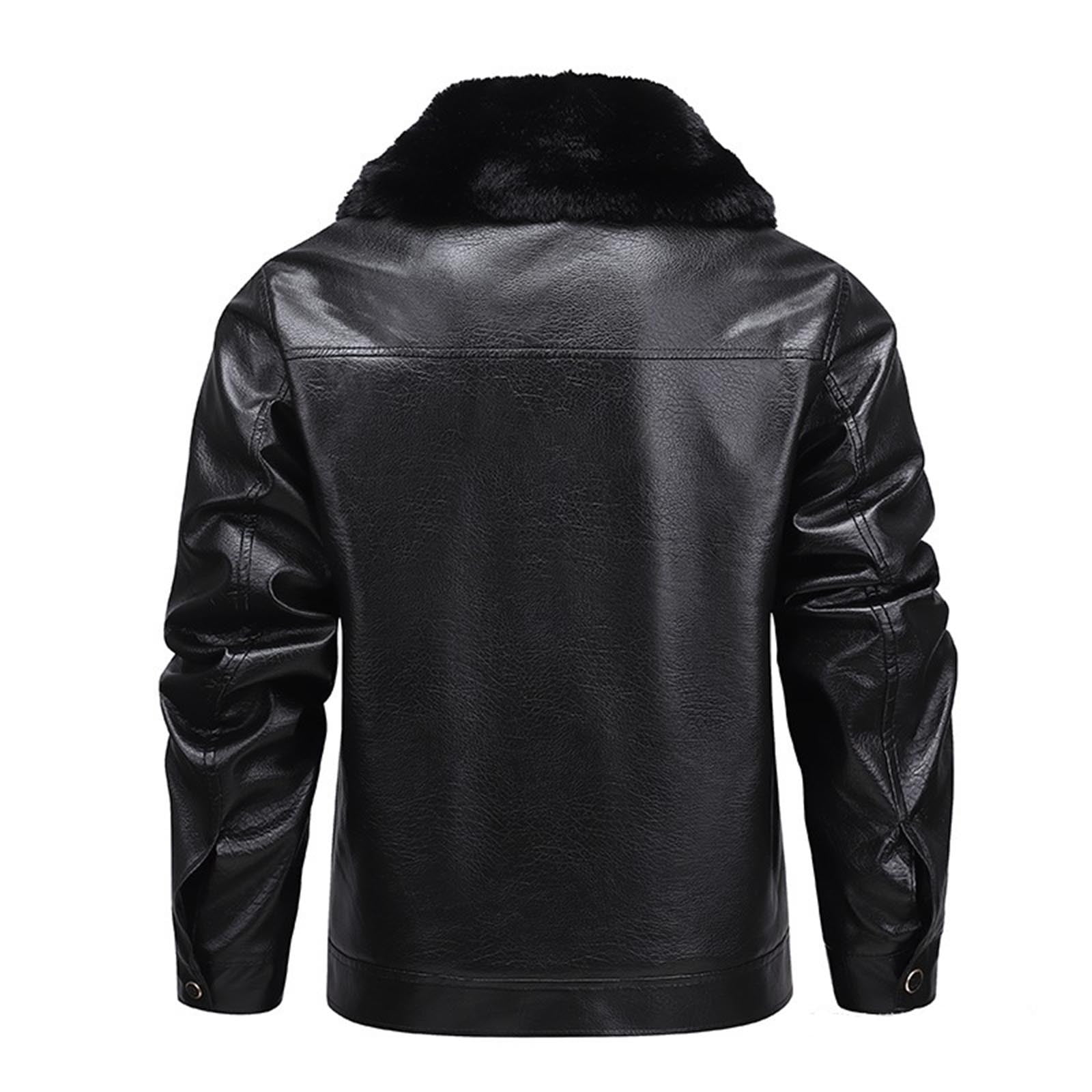 Mens Classic Faux Leather Jacket Detachable Fur Collar Vintage Leather Coat Warm Fleece Lined Jackets