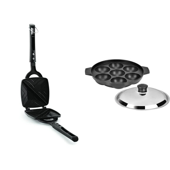 Premia 2-cut Gas Sandwich Toaster Black + 7 Cavity Black Appam Patra Side Handle With Lid, 17 Cm | Non-stick Inner Layer