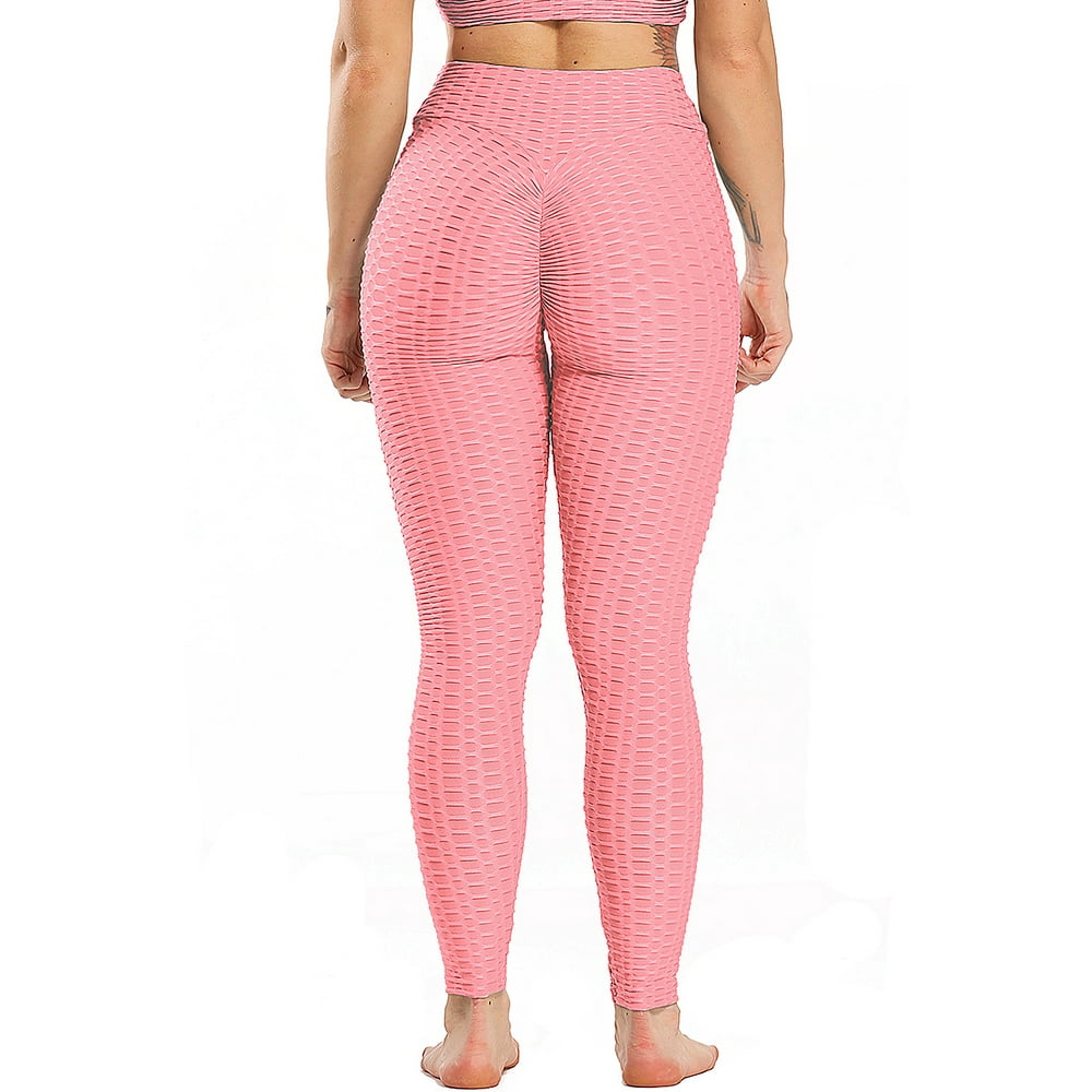 SEASUM - SEASUM Women's High Waist Butt Leggings Tummy Control Textured Workout Yoga Pants Pink