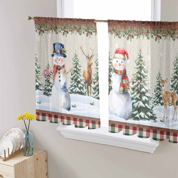 Snowman Christmas Sheer Curtains 45 Inches Long, Xmas Tree Ball Farmhouse Plaid Elk Light Filtering Window Curtains for Living Room/Bedroom, Rod Pocket Voile Sheer Curtain Drapes, 52"Wx45"L, 2 Panels