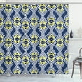 thumbnail image 1 of Ikat Shower Curtain, Abstract Floral Motifs with Zig Zag Lines Old Fashioned Asian Culture, Fabric Bathroom Set with Hooks, 69W X 84L Inches Extra Long, Night Blue White Yellow, by Ambesonne, 1 of 3