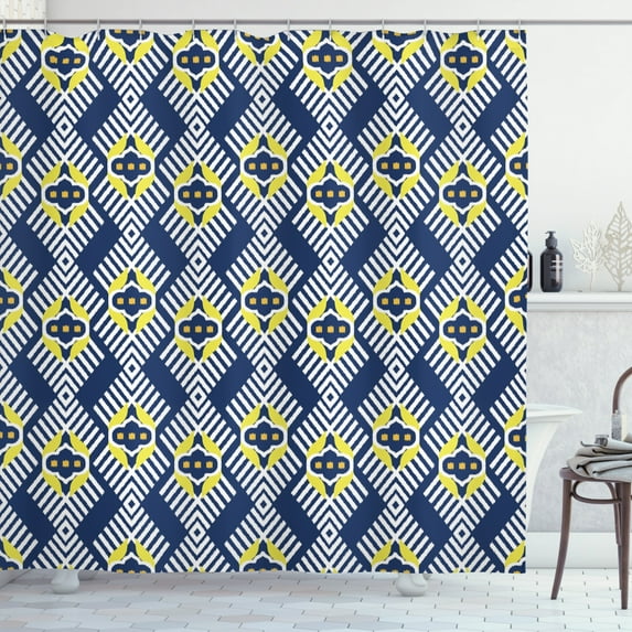 Ikat Shower Curtain, Abstract Floral Motifs with Zig Zag Lines Old Fashioned Asian Culture, Fabric Bathroom Set with Hooks, 69W X 84L Inches Extra Long, Night Blue White Yellow, by Ambesonne