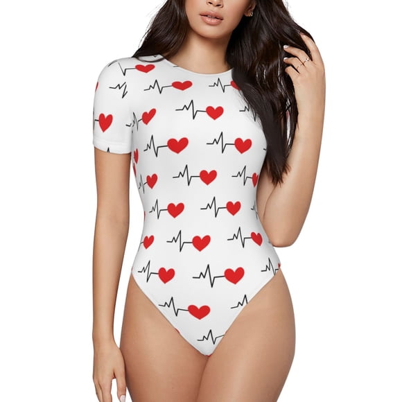 Cauagu Heartbeat Symbol Women's Crew Neck Round Short Sleeve T Shirts Tops Bodysuit Daily Jumpsuit-Medium