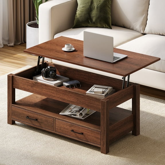 Greenstell Lift Top 39"Wide Coffee Table with 2 Drawers Hidden Storage and Storage Shelf for Living Room, Espresso