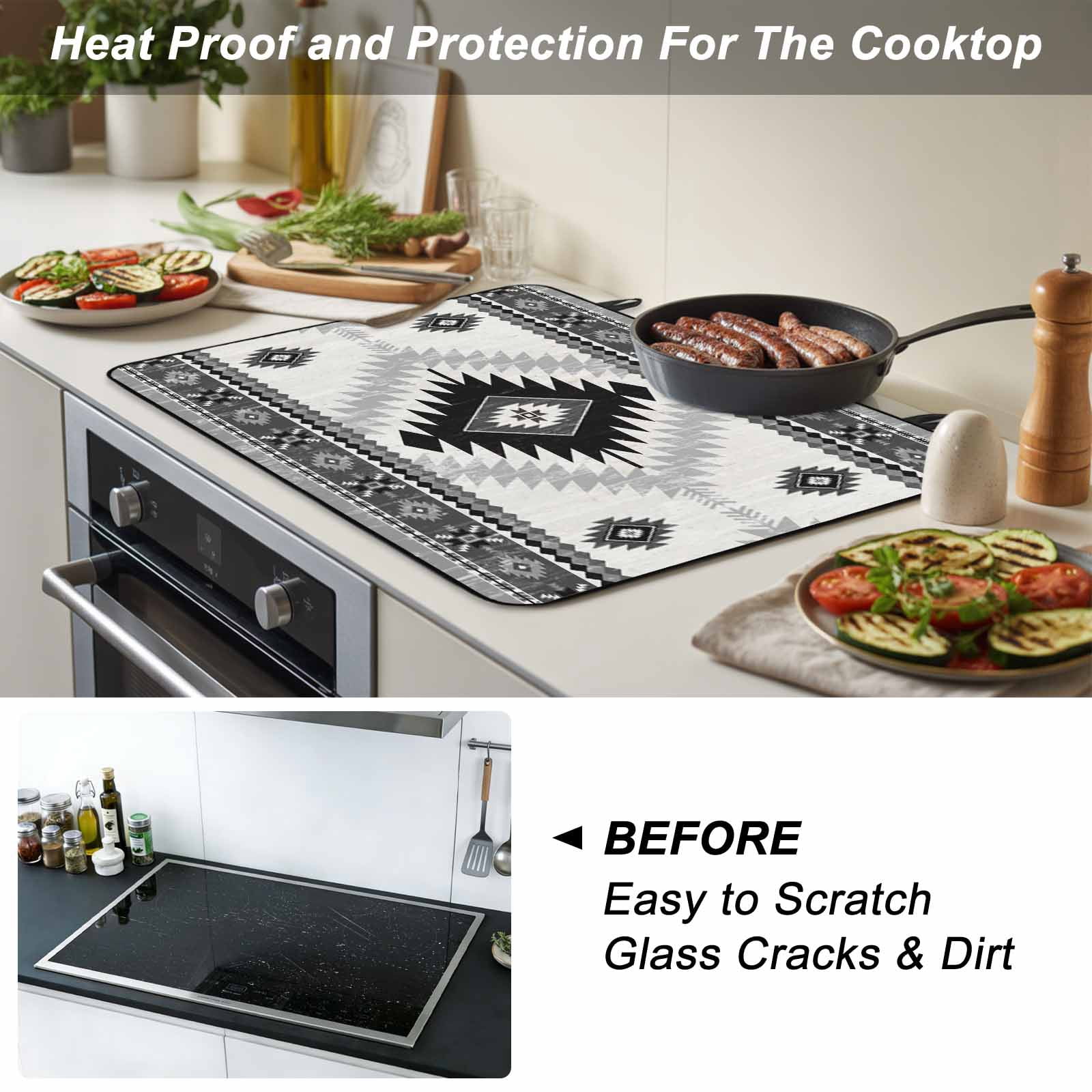 Black Beige Boho Stove Top Cover for Electric Stove, Heat-proof & Non Slip Glass Top Stove Cover Protector, Vintage Ethnic Tribal Southwestern Kitchen Flat Cooktop Rubber Mat 24x21 Inches