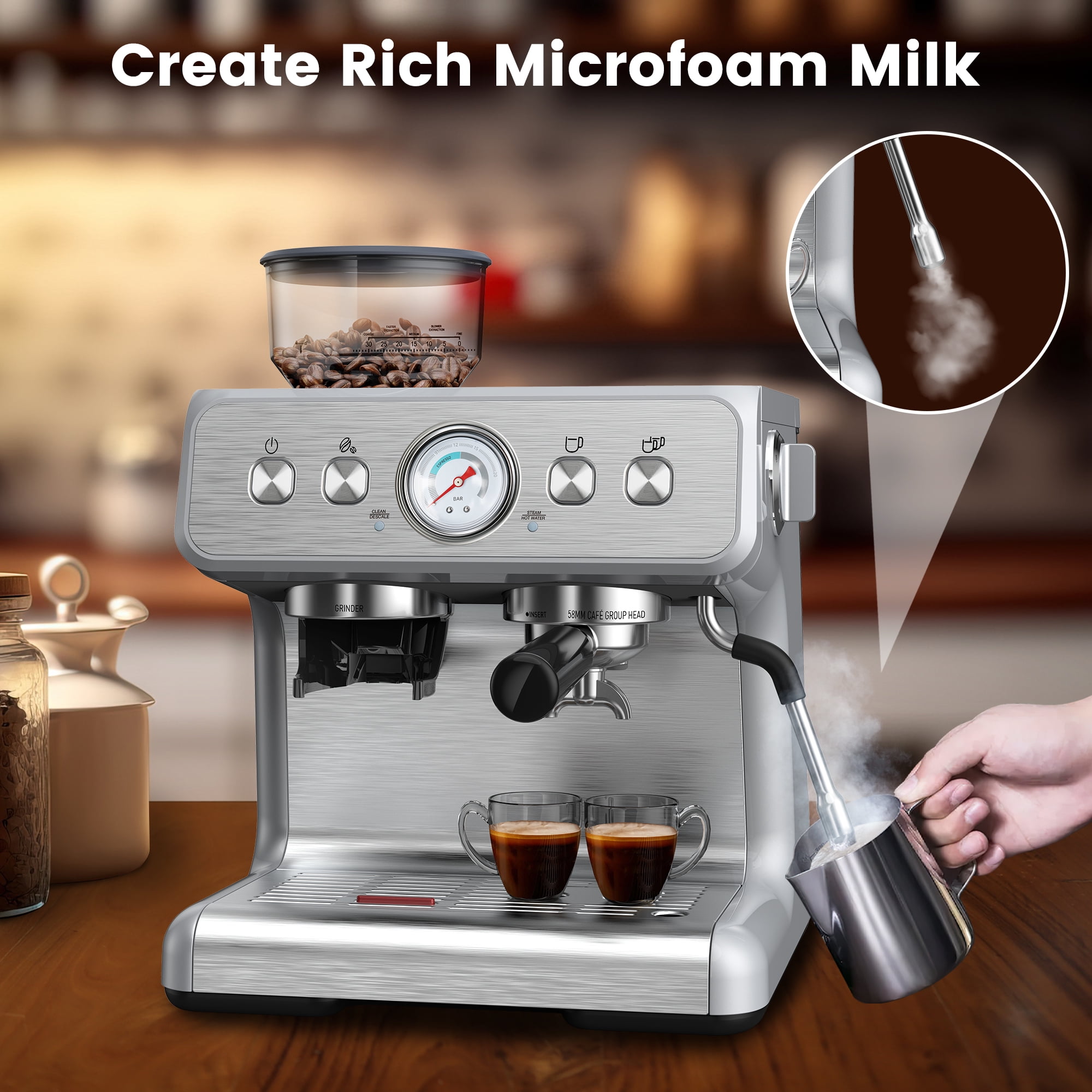Moifoi Espresso Machine with Grinder and Milk Frother Steam Wand, 15 Bar Pump & 95 Ounce Water Reservoir, Professional Coffee Machine, New, Stainless Steel