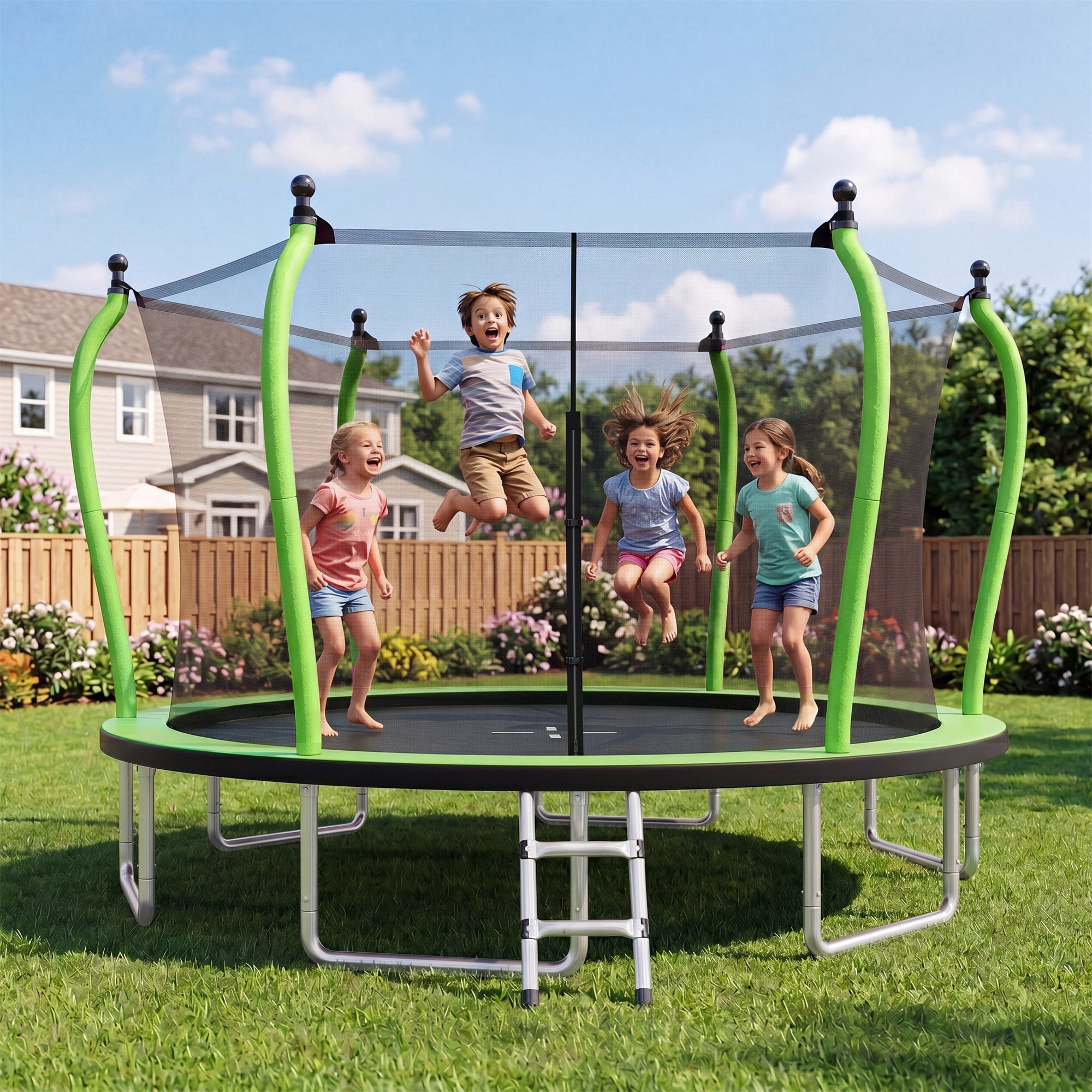 Alvantor 14Ft Trampoline for Kids & Adults, Pumpkin Trampoline with Enclosure Net and Ladder for Backyard Green