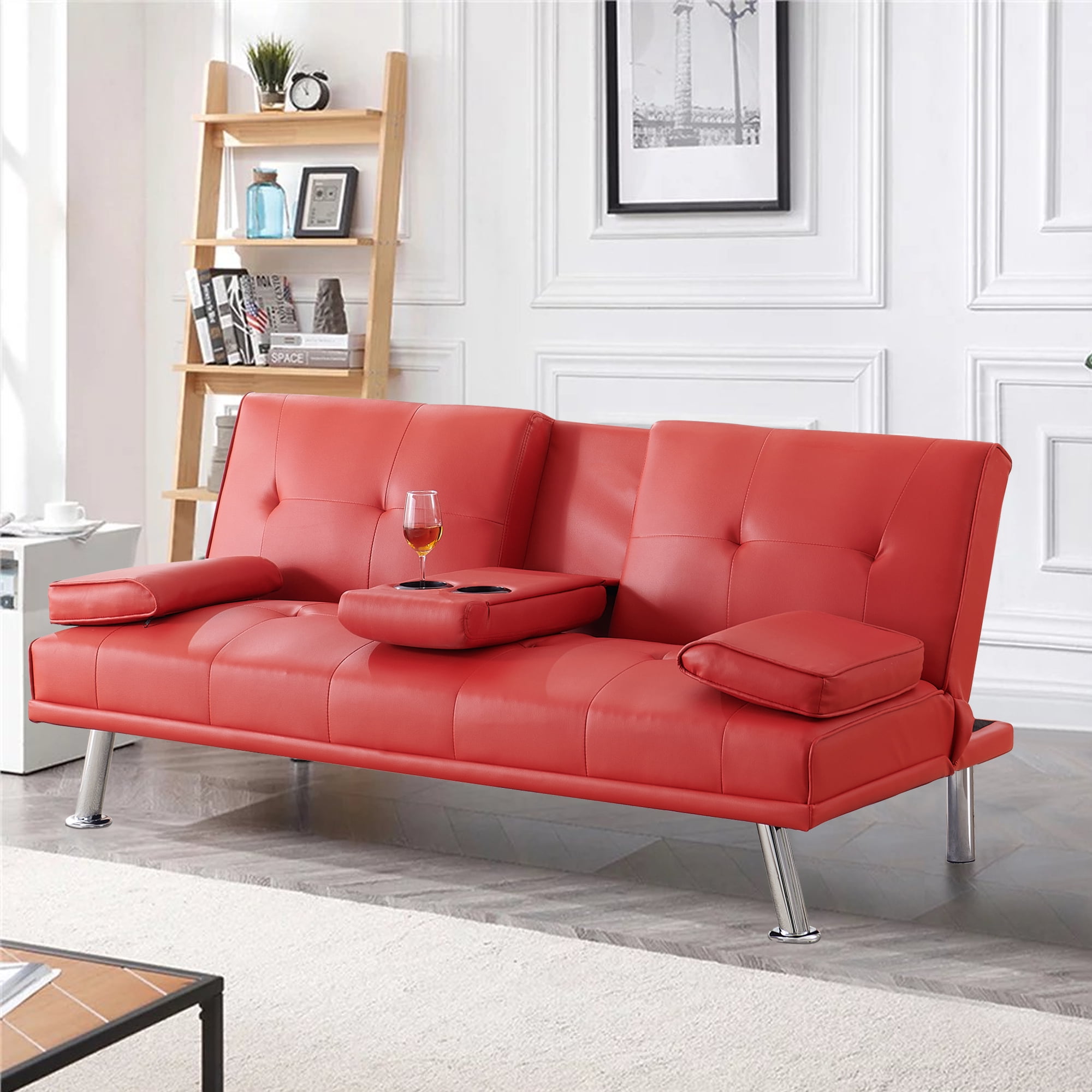 Faux Leather Upholstered Modern Convertible Folding Futon Sofa Bed for