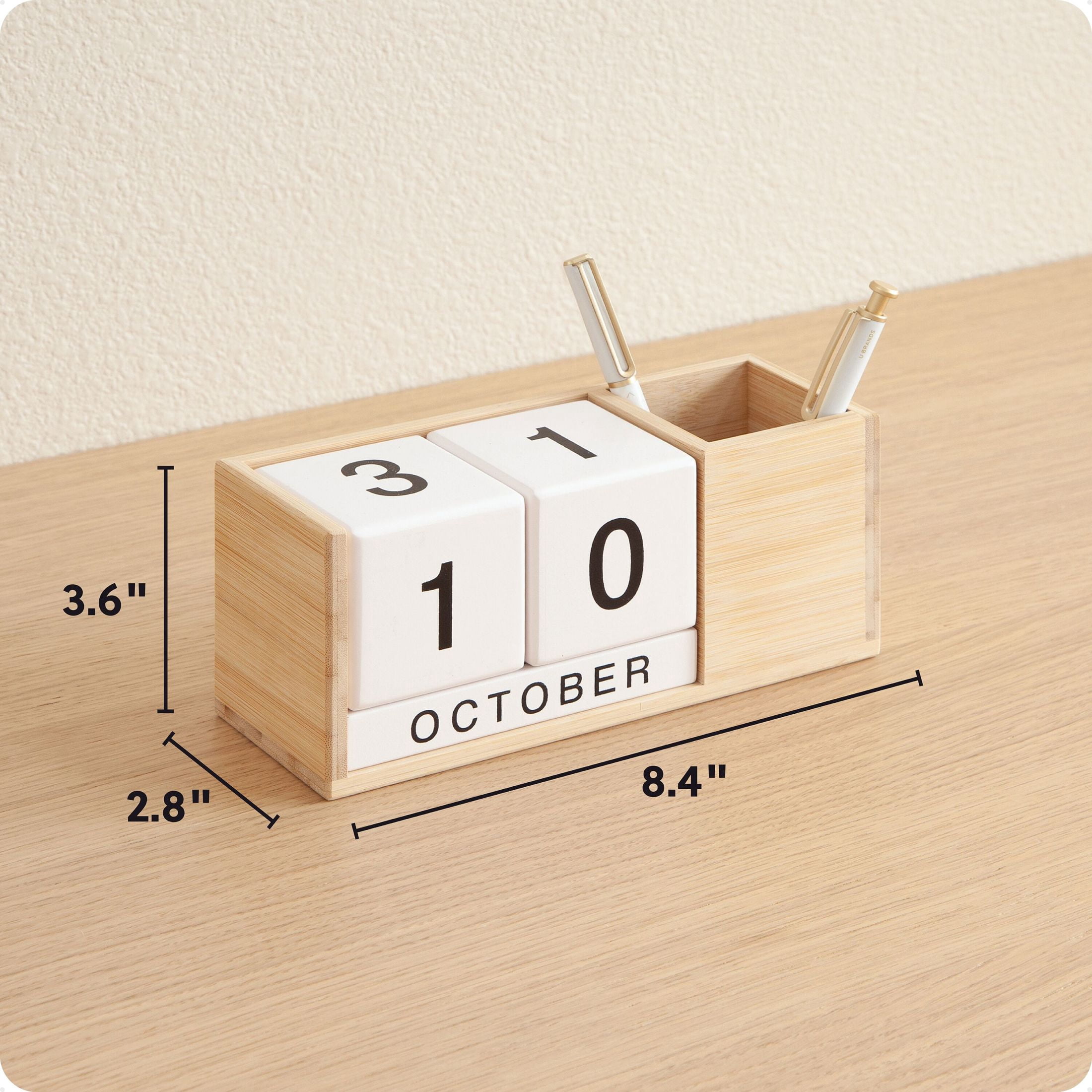U Brands Bamboo Desktop Perpetual Block Calendar and Pencil Cup, 8.4 x 2.8 x 3.6 in.