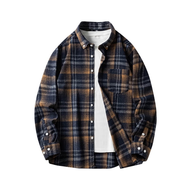 Blusa y camisa de manga larga con cuello vuelto para hombre, camisa informal de moda con entramado, bolsillos con solapa y botones, blusa de poliéster de manga larga para hombre
