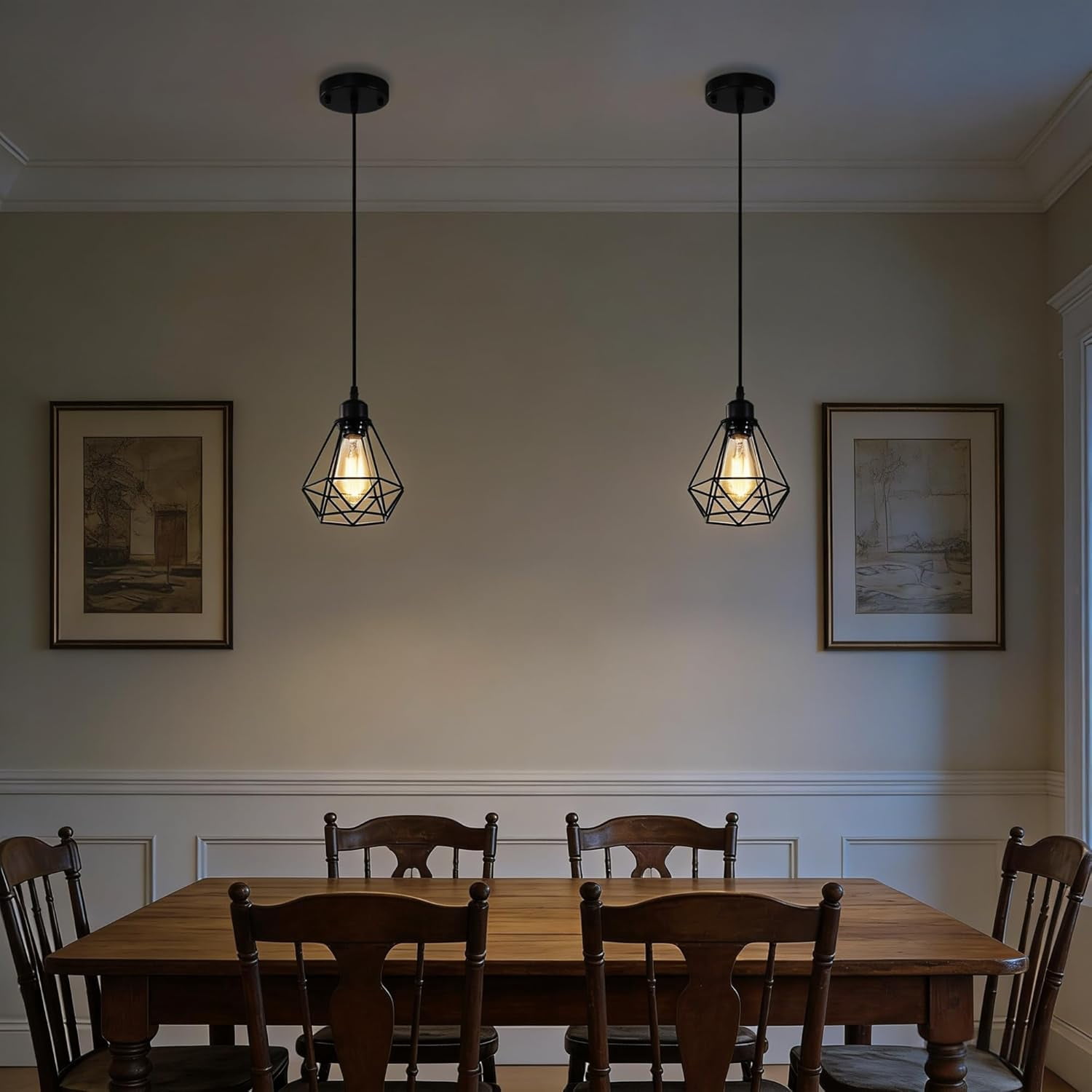 Modern Industrial Pendant Light 2 Pack Black Metal Geometric Cage E26 Hardwired Hanging Ceiling Light for Kitchen Island