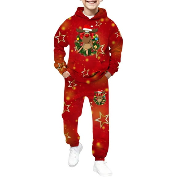CAIVO Child Boys Christmas Print Sweatsuit Long Sleeve Tops Pants Hoodie Jogger Pants Outfit Sets 2 Piece Warm Outfit Sets Holiday Cozy Soft Casual Daily Festive Family Gathering 11-12 Years