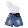 thumbnail image 1 of Heiheiup Summer Toddler Girls Sleeveless Solid Color Ruffles Tops Denim Shorts Pocket Three Piece Outfits Set For Kids Clothes, 1 of 6