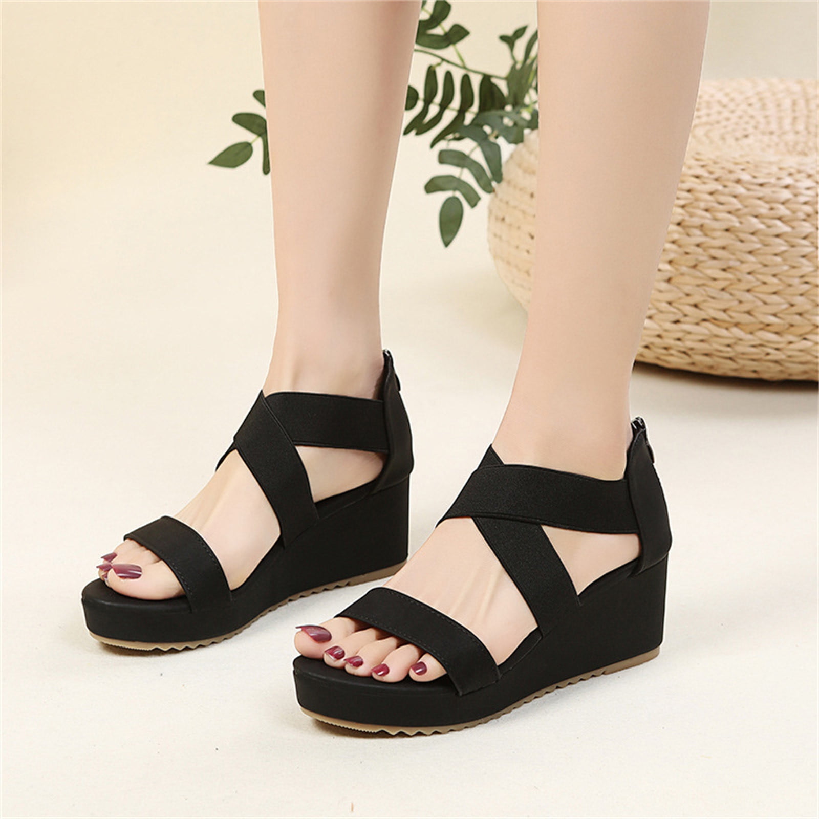 Homedles Sandals for Women Dressy Summer- Summer Ladies Shoes Casual Sandals Flat Buckle Wedge Heels Sandals Black, Women's, Size: 41