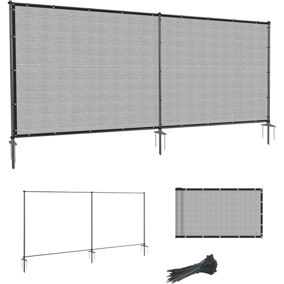 5' x 12' Privacy Fence Mesh with Iron Bars, No-dig Heavy Duty Wind Screening for Outdoor Garden Yard Decoration (Light Gray)