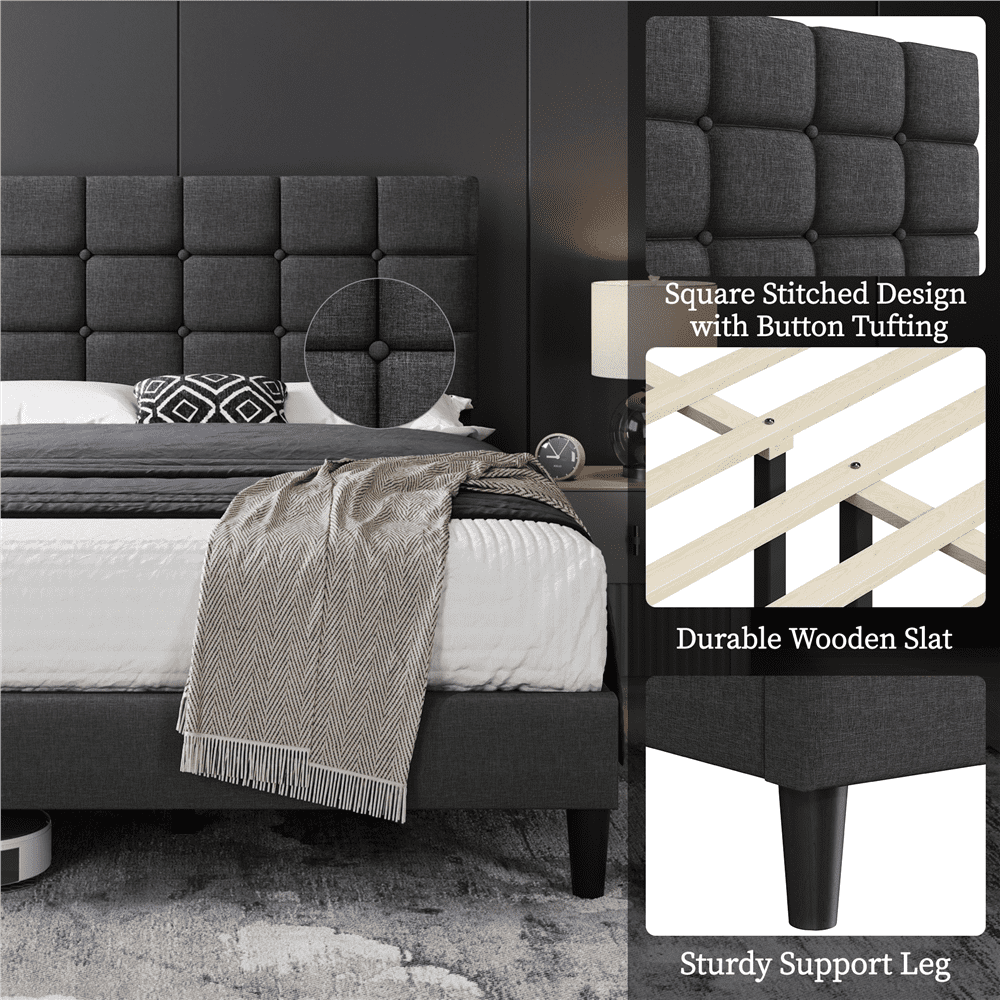 Fullfurnique Upholstered Platform Bed Frame with Square Tufted Headboard, Full, Dark Gray