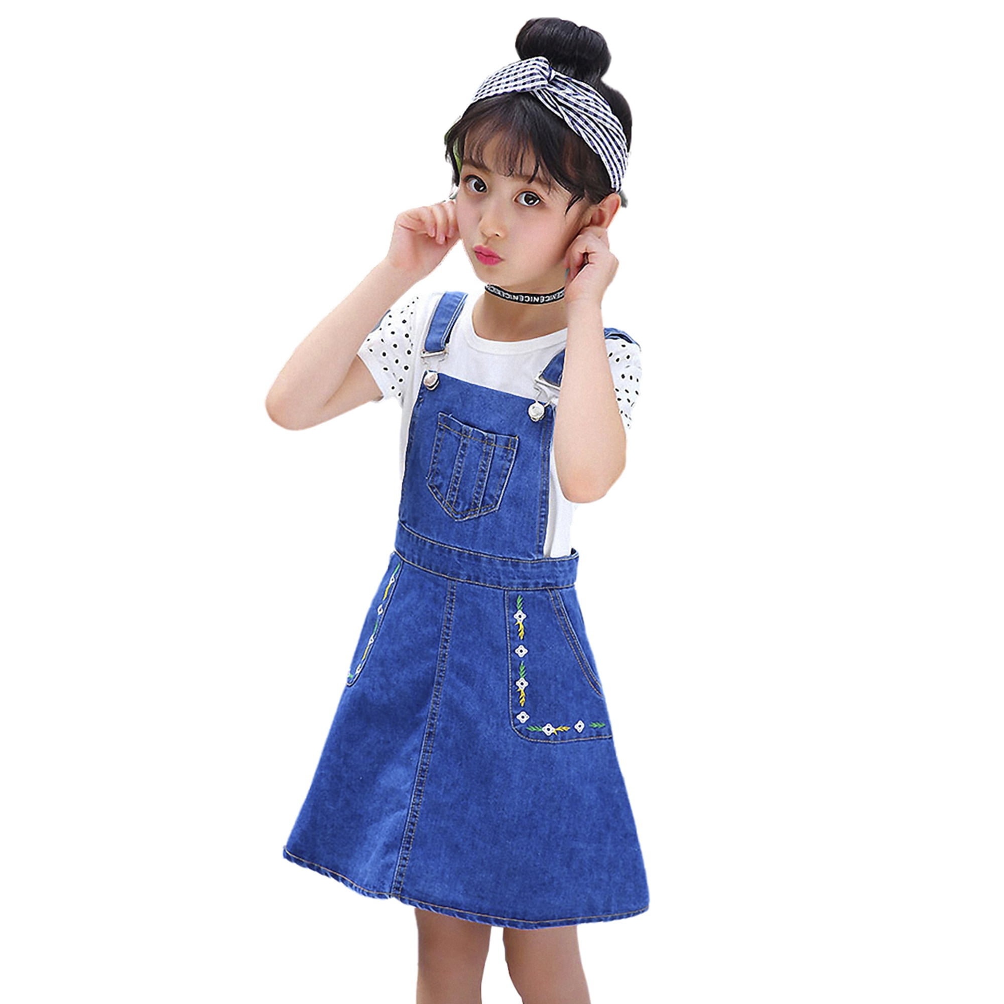 KIDSCOOL SPACE Little Girls Adjustable Flower Embroidered Jean Overall